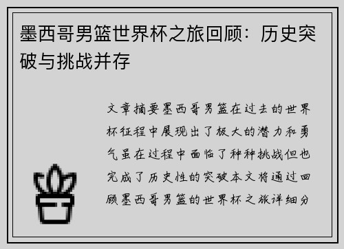 墨西哥男篮世界杯之旅回顾：历史突破与挑战并存